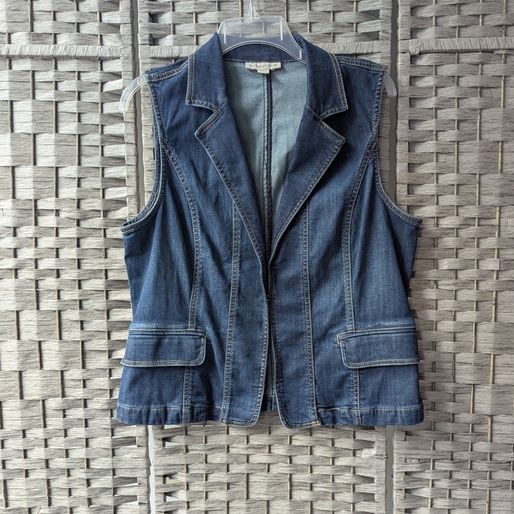 Coldwater Creek Denim Vest Blue Dark Wash Notched Lapel Sz 14 Classic Capsule